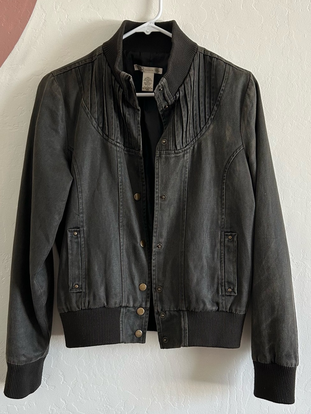 Charlotte Russe Faded Black Bomber Jacket size Medium with pleating details